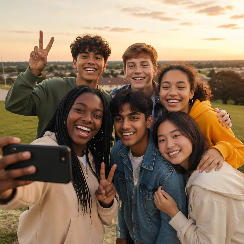 Diverse Teenagers Taking Selfie at Sunset