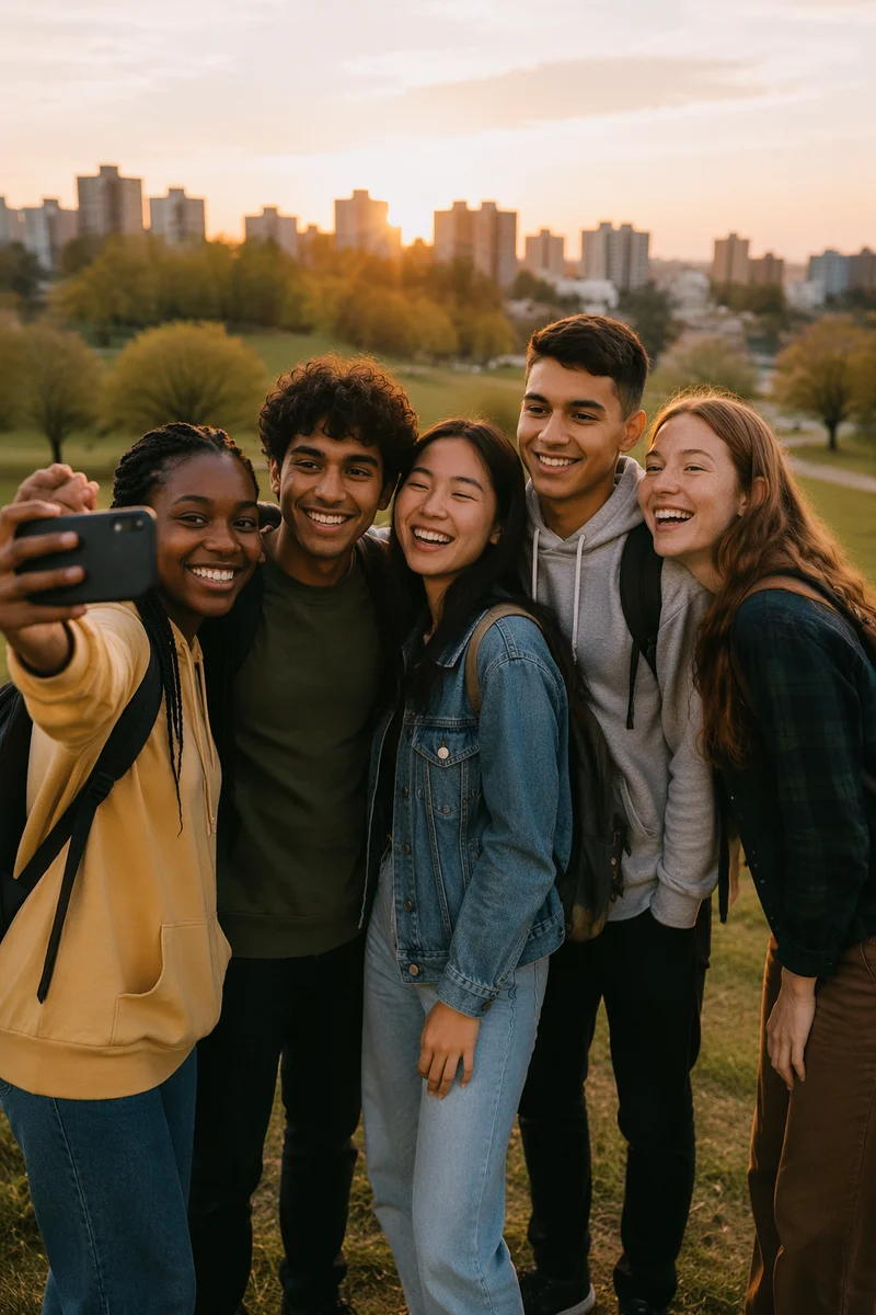 Diverse Teenagers Taking Group Selfie Outdoors