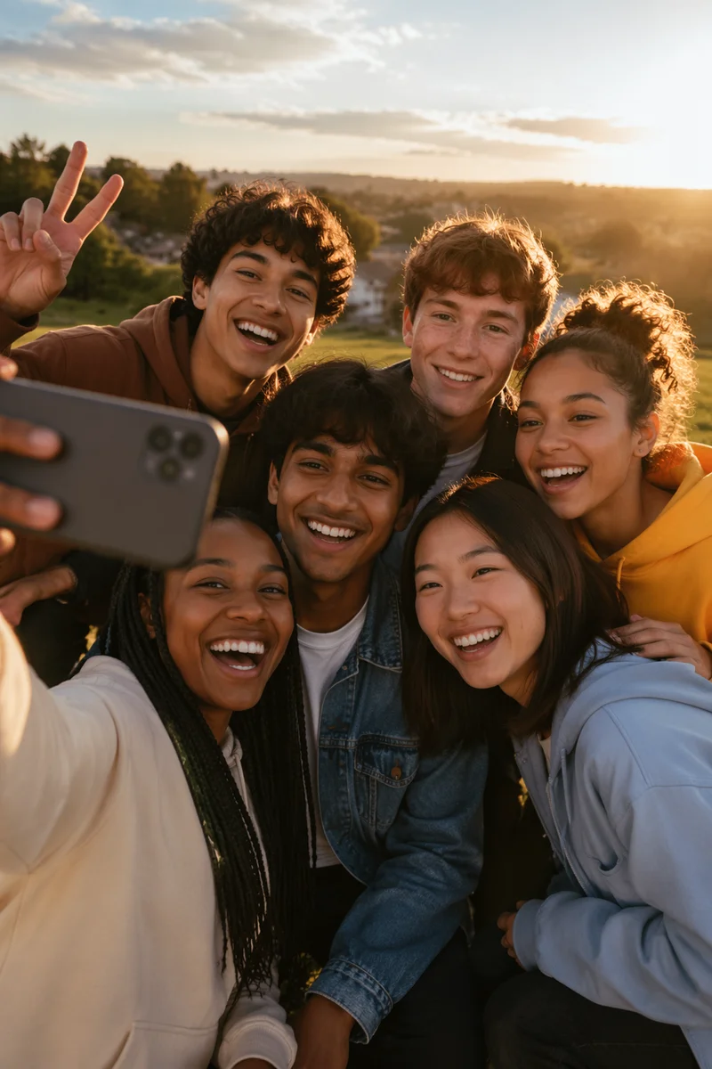 Diverse Teen Friends Taking Selfie Outdoors