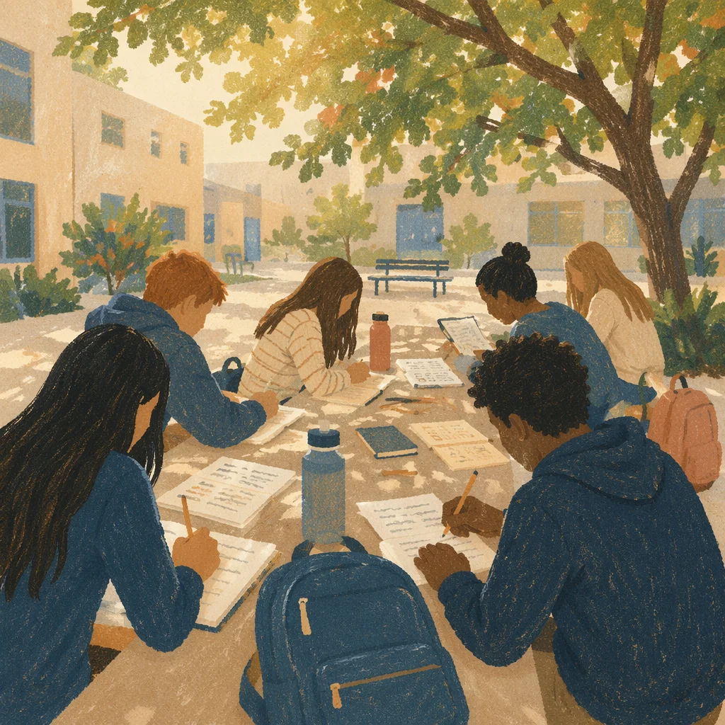 Teenagers Studying Together in Sunny Courtyard