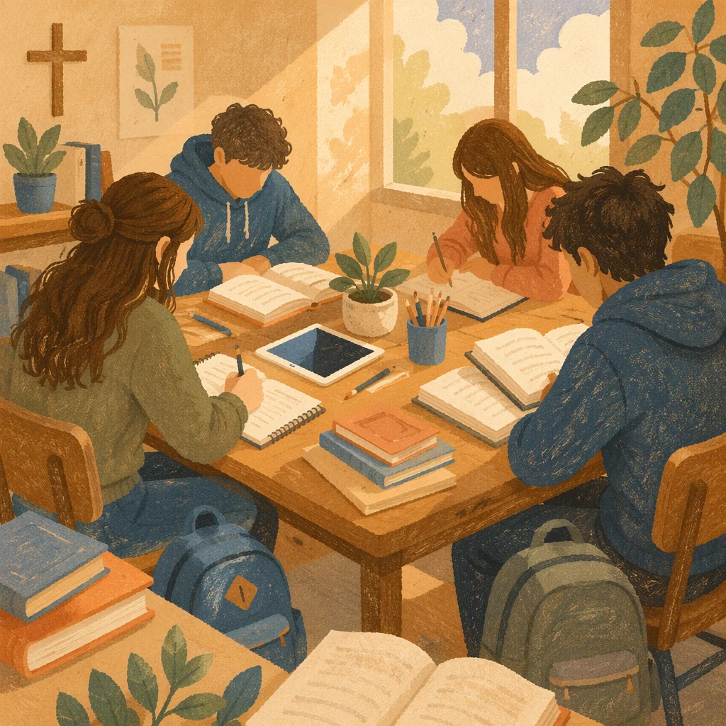 Teenagers Studying Together in Cozy Library