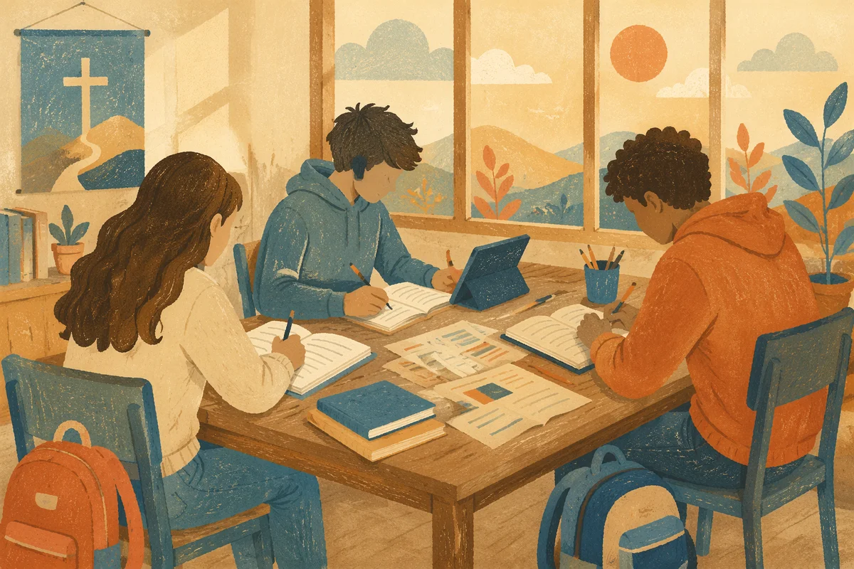 Teenagers Studying Together in Cozy Library