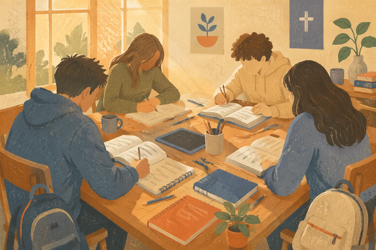 Teenagers Studying Together in Cozy Library