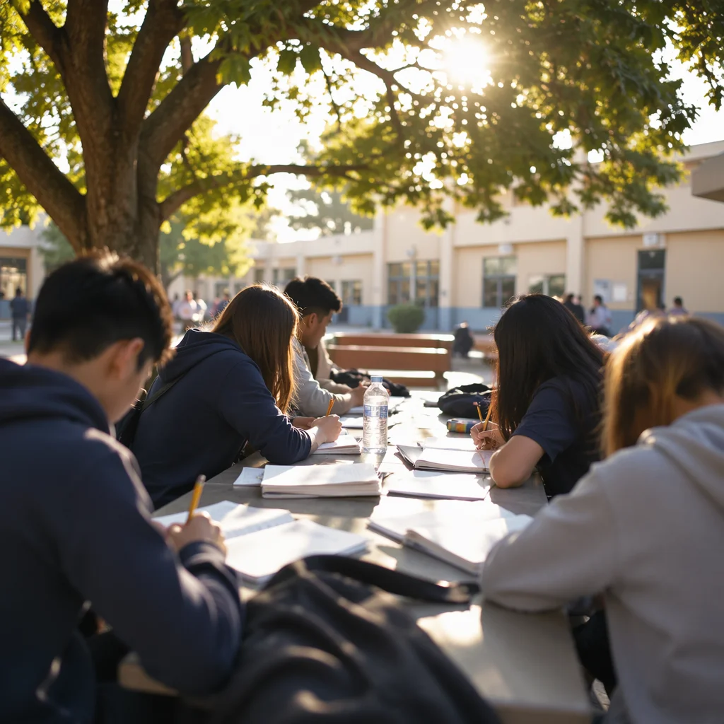 Teenagers Studying Together in School Courtyard