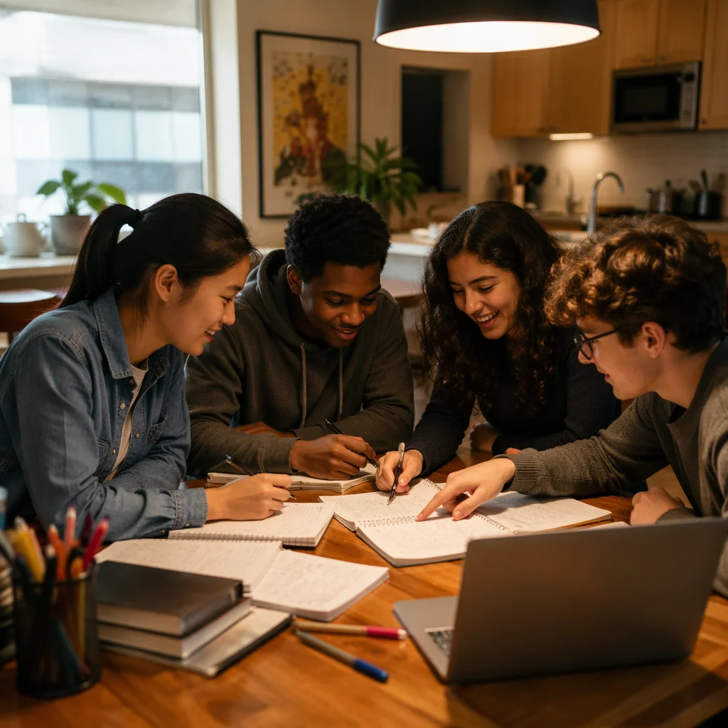 Teenagers Studying Together in Cozy Kitchen