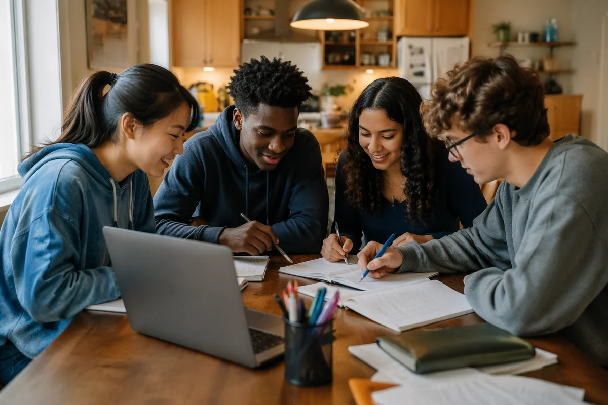 Teenagers Studying Together in Cozy Kitchen