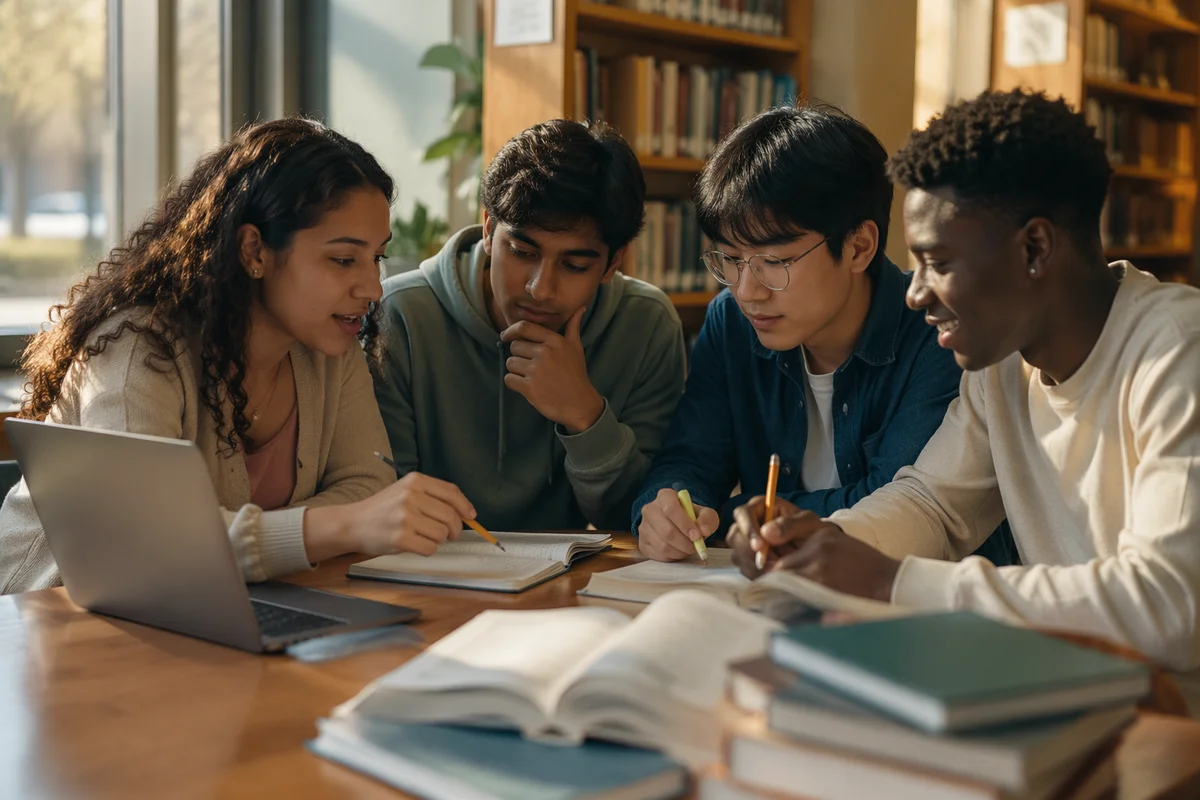 Teenagers Studying Together in Library Corner