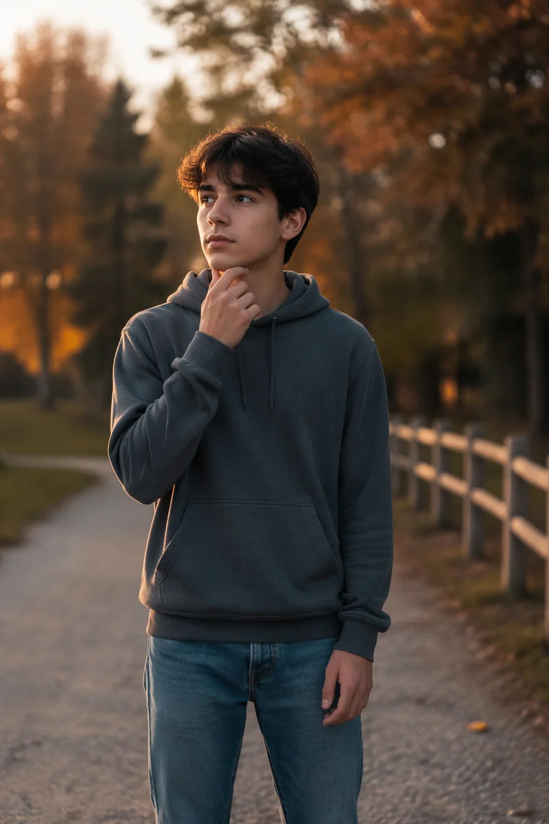 Thoughtful Teenage Boy in Autumn Park