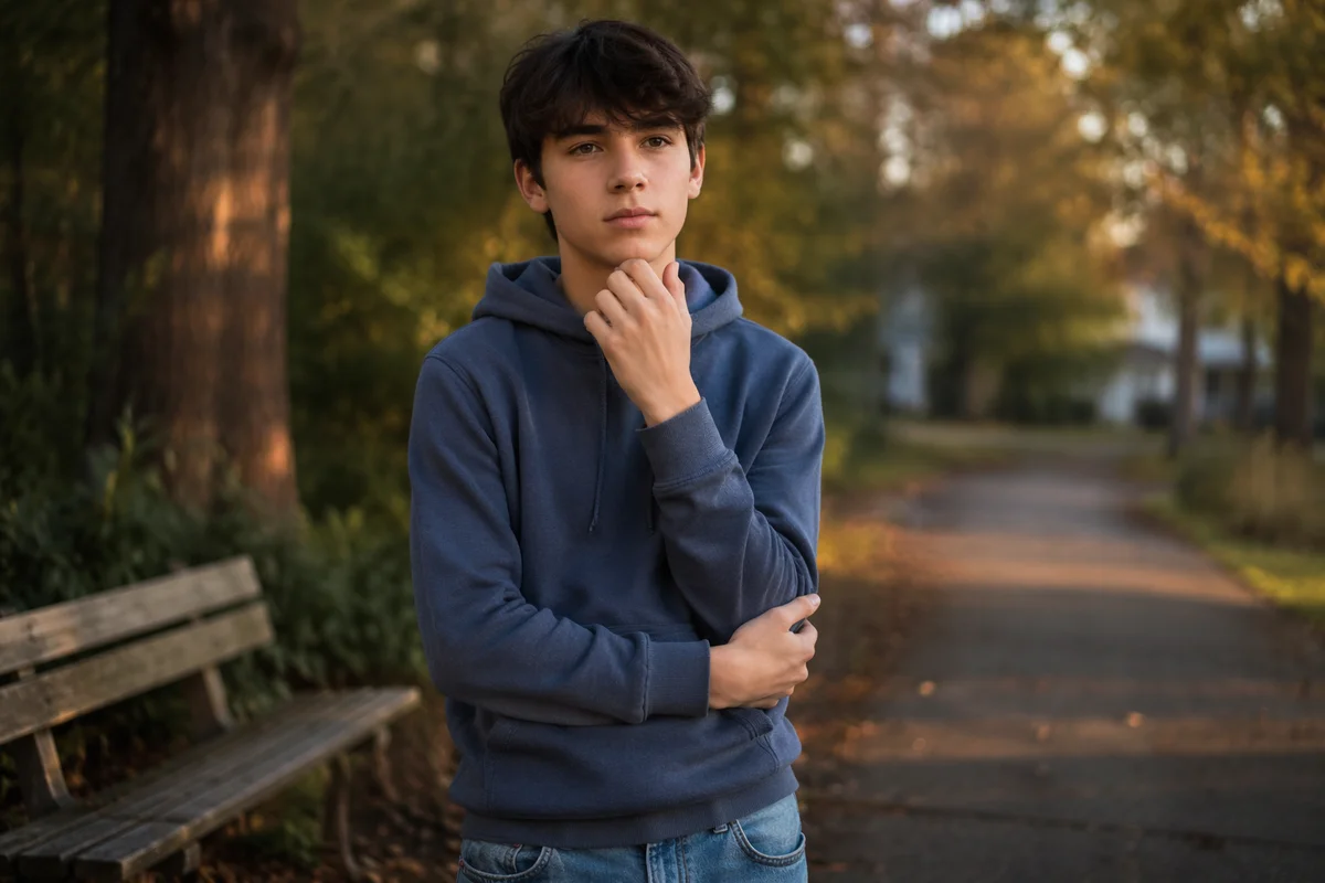 Thoughtful Teenage Boy in Park Portrait