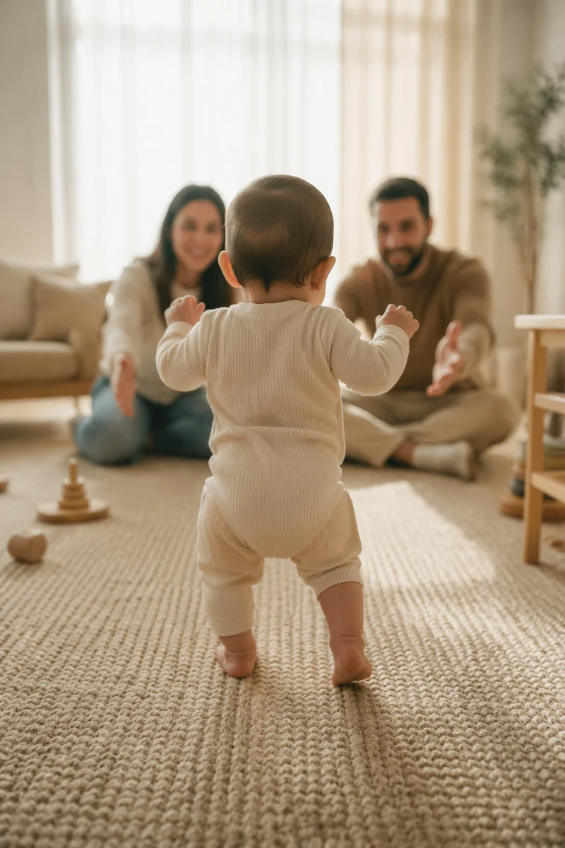 Toddler First Steps in Sunlit Living Room