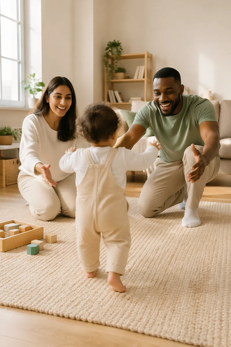Toddler Taking First Steps to Parents