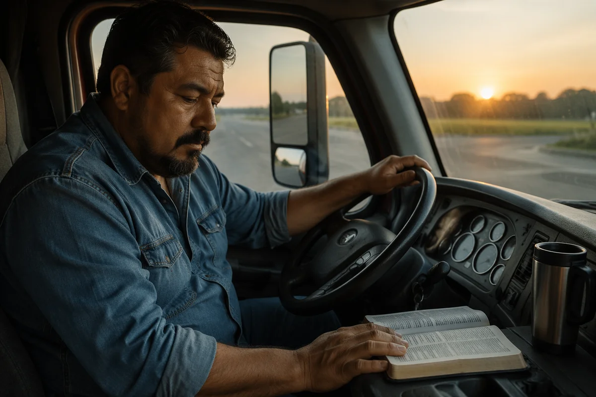Truck Driver Reflecting at Sunrise Inside Cab