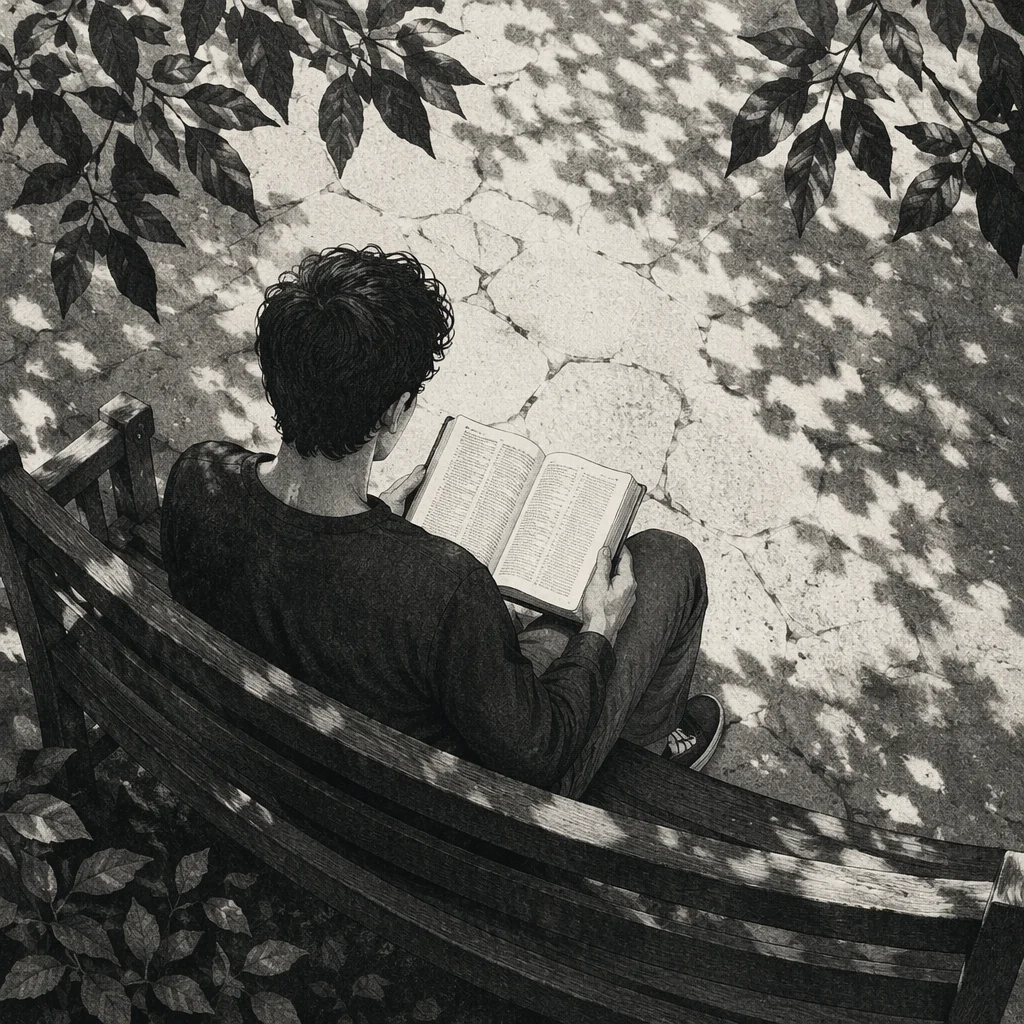Young Adult Reading Bible on Park Bench
