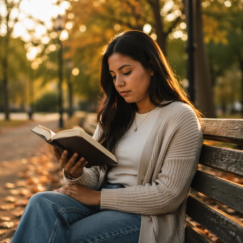 Young Woman Reading on Park Bench