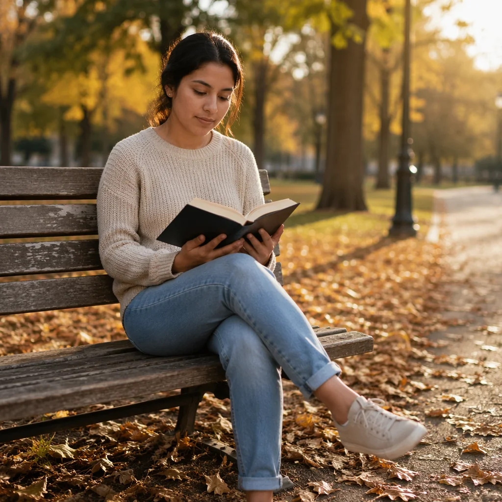 Young Woman Reading on Park Bench