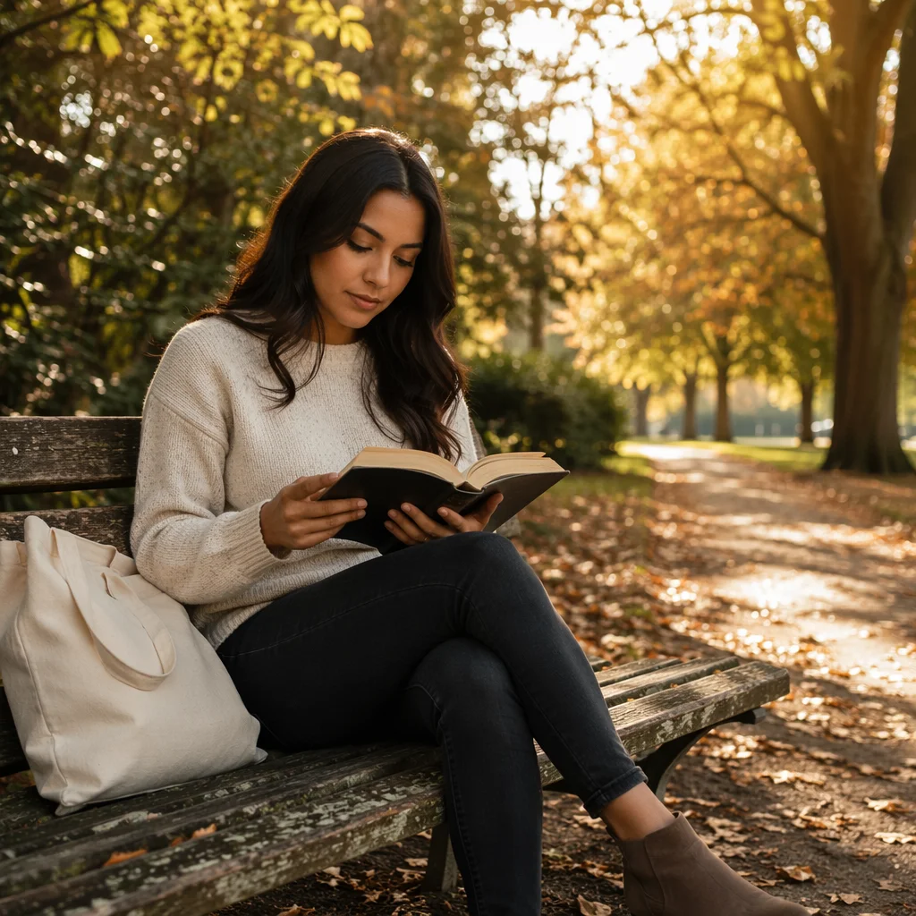 Young Woman Reading Bible on Park Bench