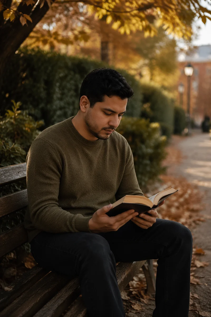 Young Man Reading on Park Bench
