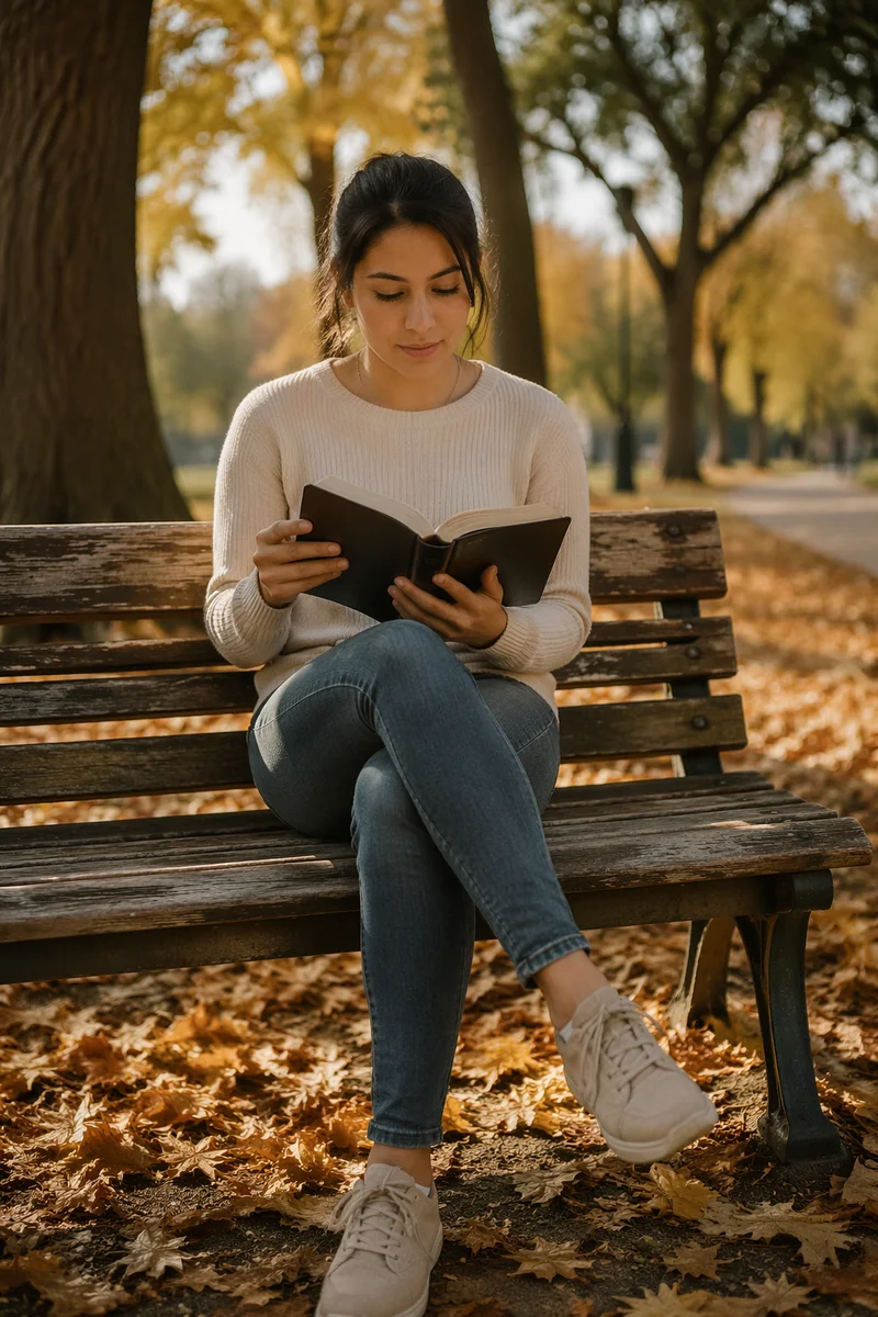 Young Woman Reading Bible on Park Bench