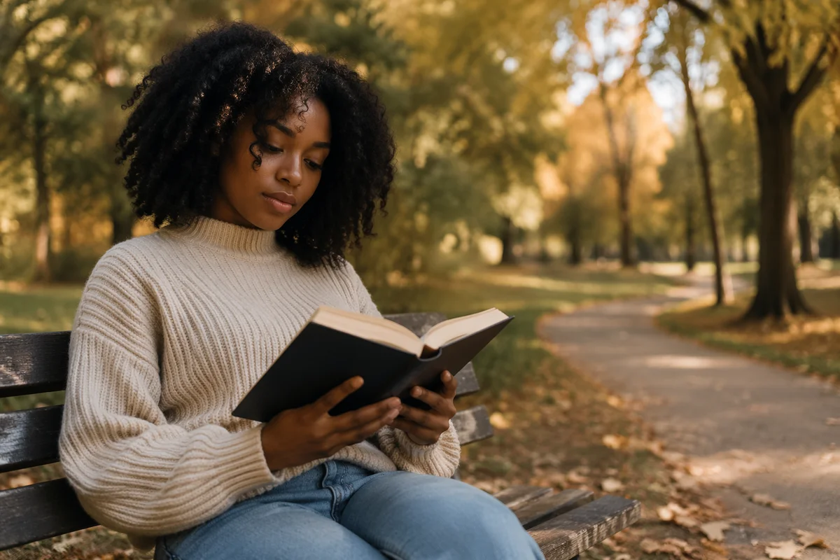 Young Woman Reading on Park Bench