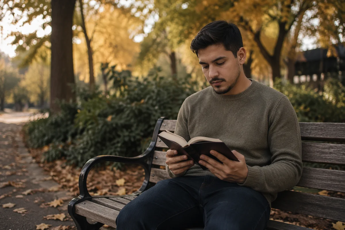 Young Man Reading on Park Bench