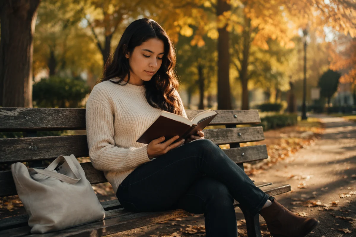 Young Woman Reading Bible on Park Bench
