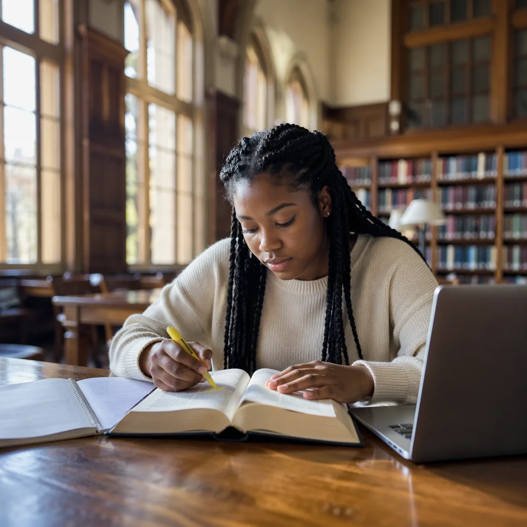 University Student Reading Bible in Library