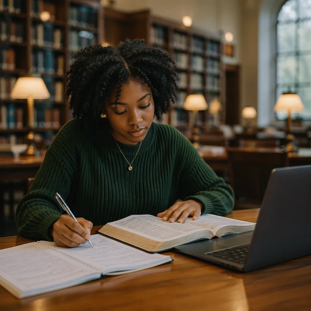 University Student Studying in Quiet Library