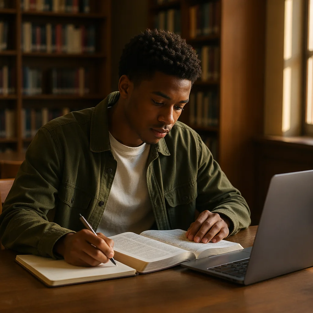 Student Reading Bible in Quiet Library