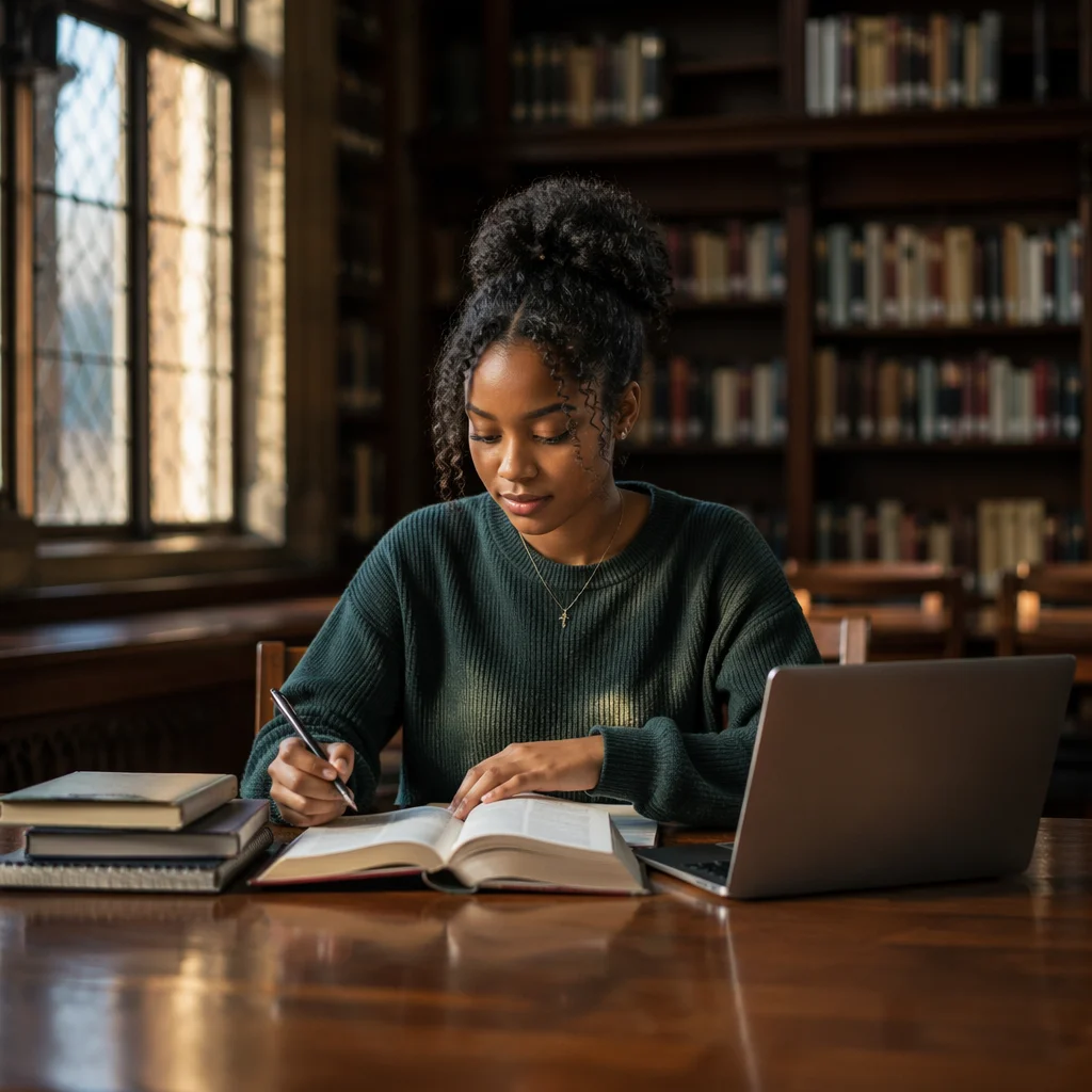 University Student Studying Bible in Library