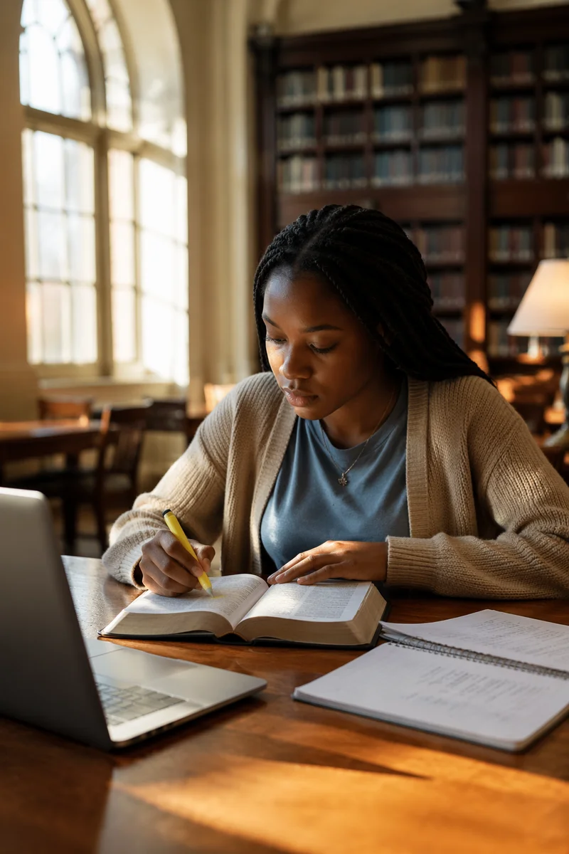 University Student Reading Bible in Library