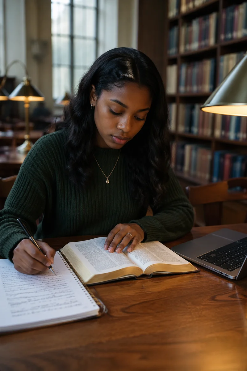 University Student Reading Bible in Library
