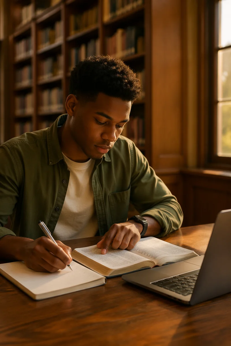 University Student Reading Bible in Library