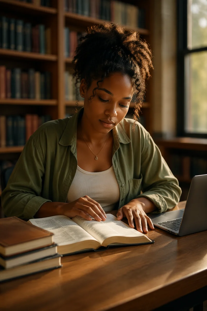 Graduate Student Reading Bible in Library