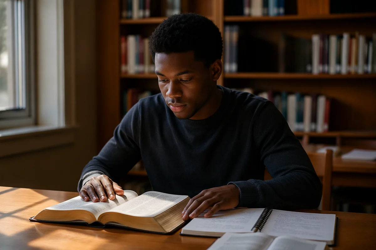 University Student Reading Bible in Library