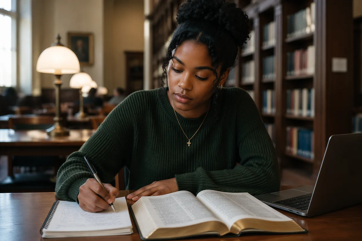 University Student Reading Bible in Library