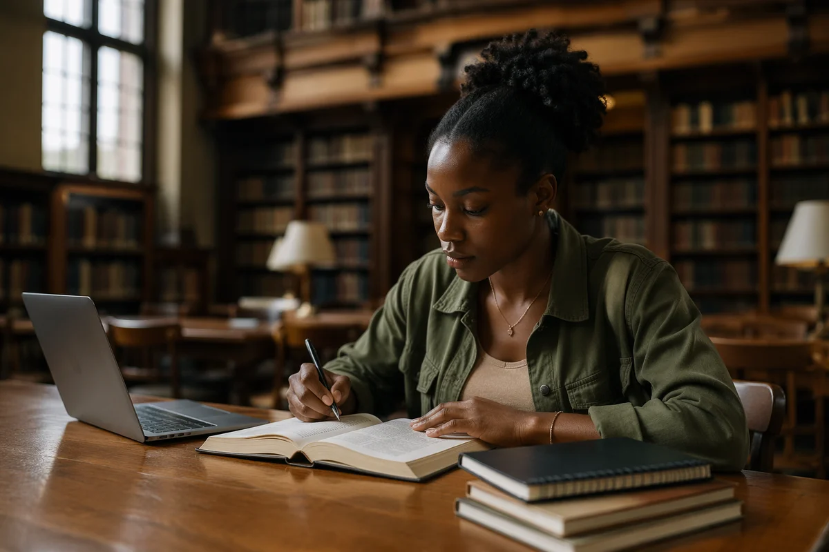 University Student Reading Bible in Library