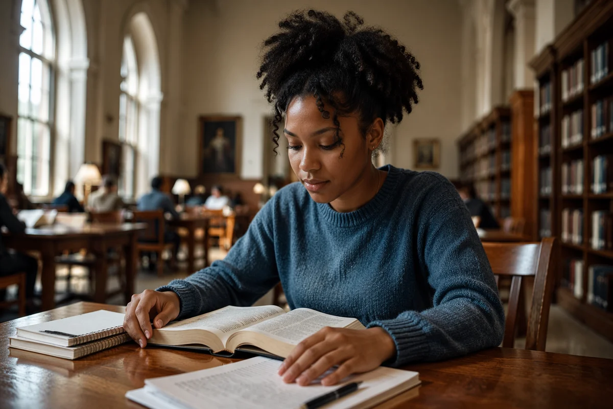 University Student Reading Bible in Library