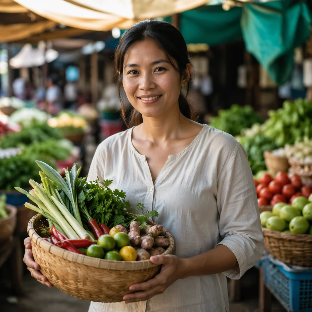 Smiling Vietnamese Woman in Open-Air Market