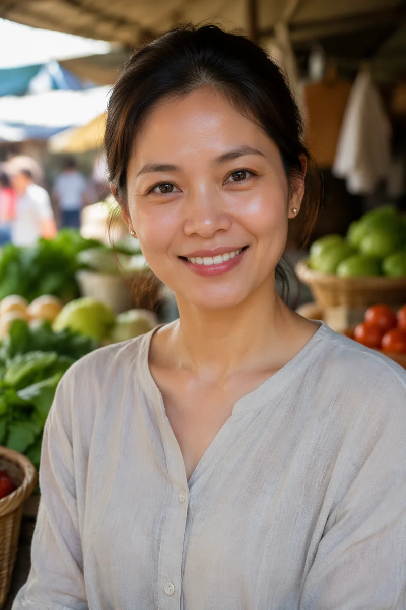 Vietnamese Woman Smiling in Open Air Market