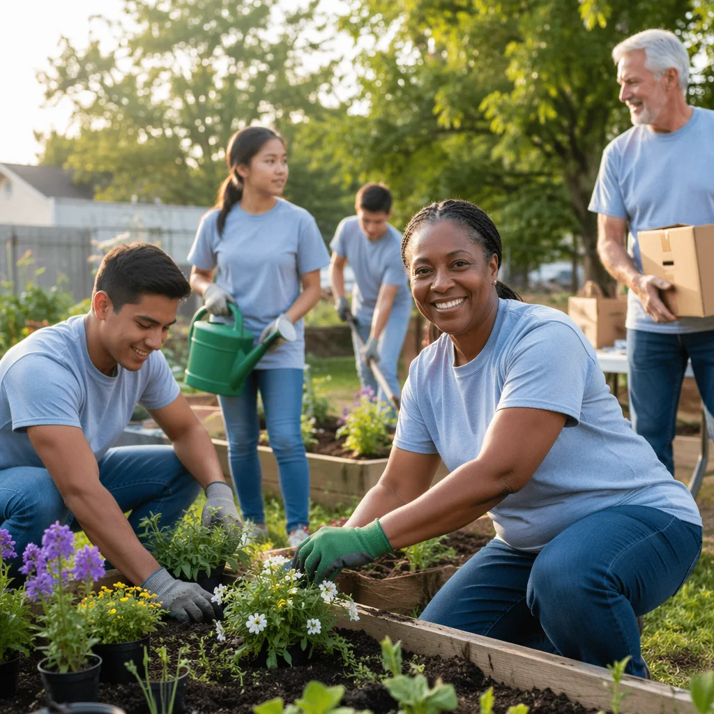 Diverse Volunteer Team in Community Garden