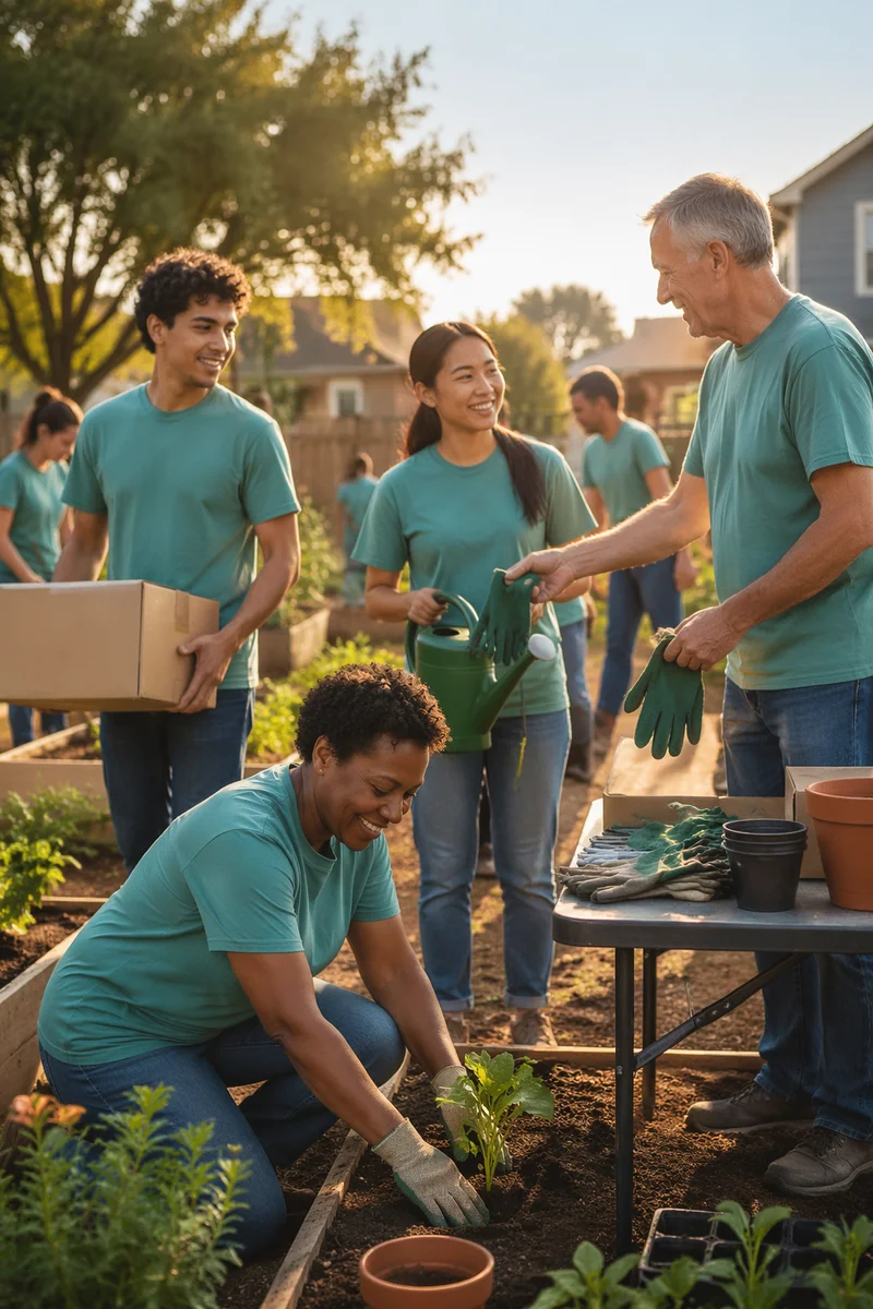 Volunteer Team Gardening in Evening Light