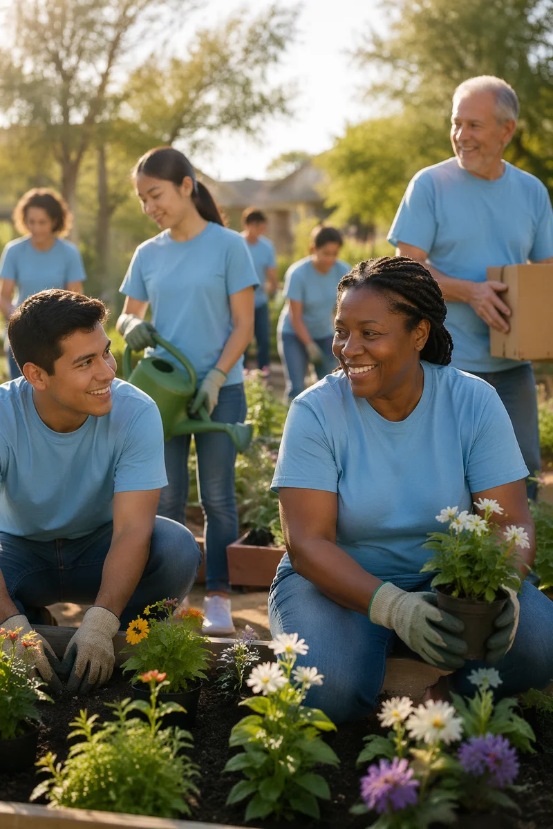 Volunteer Team Working in Community Garden
