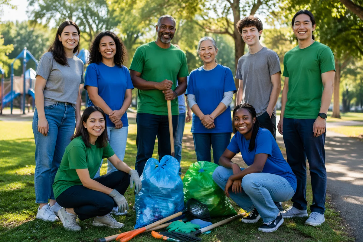Volunteer Team in Sunny Neighborhood Park