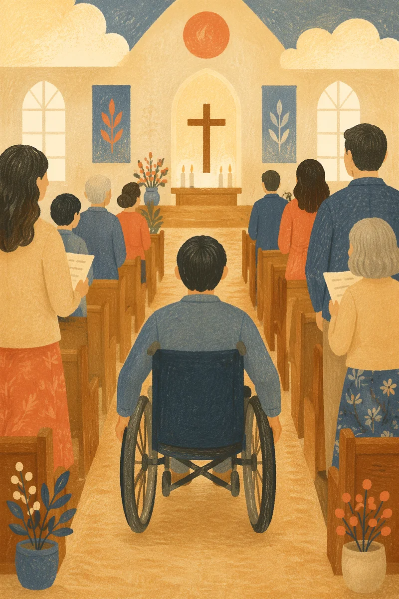 Wheelchair User in Warm Church Aisle