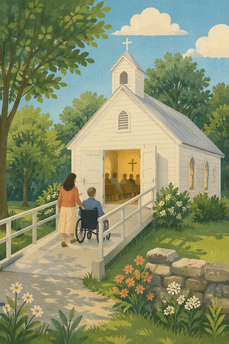 Wheelchair User Approaching Rural Chapel Entrance