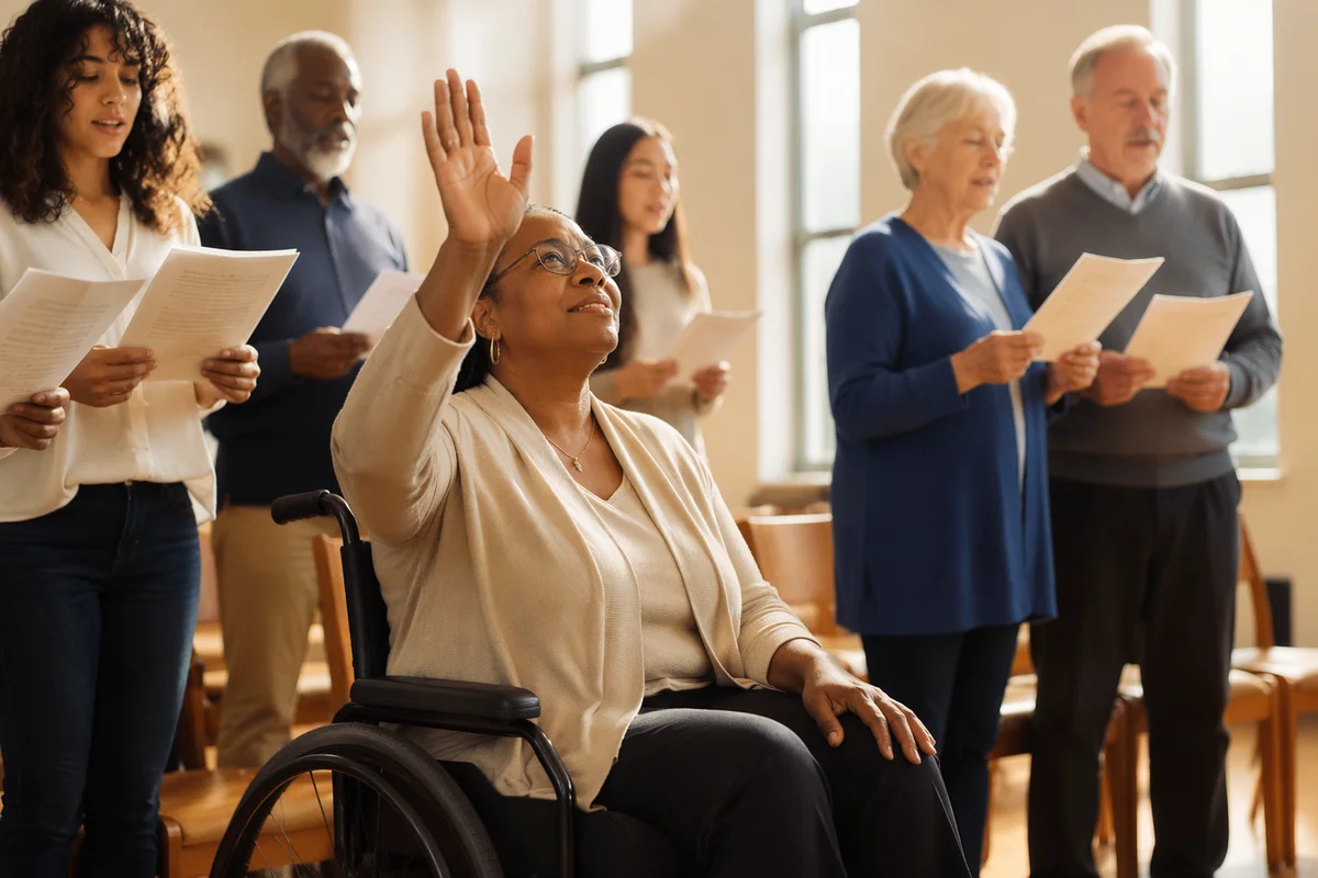 Wheelchair User Worshipping in Bright Church Hall