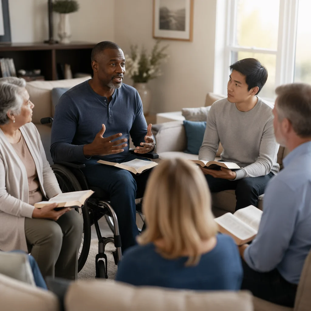 Wheelchair User Leading Living Room Bible Study