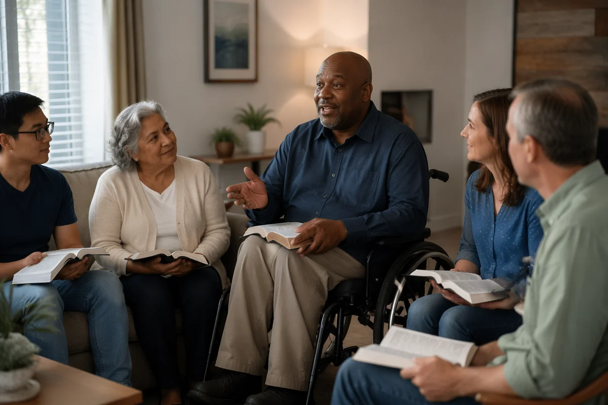 Wheelchair User Leading Group Reading at Home