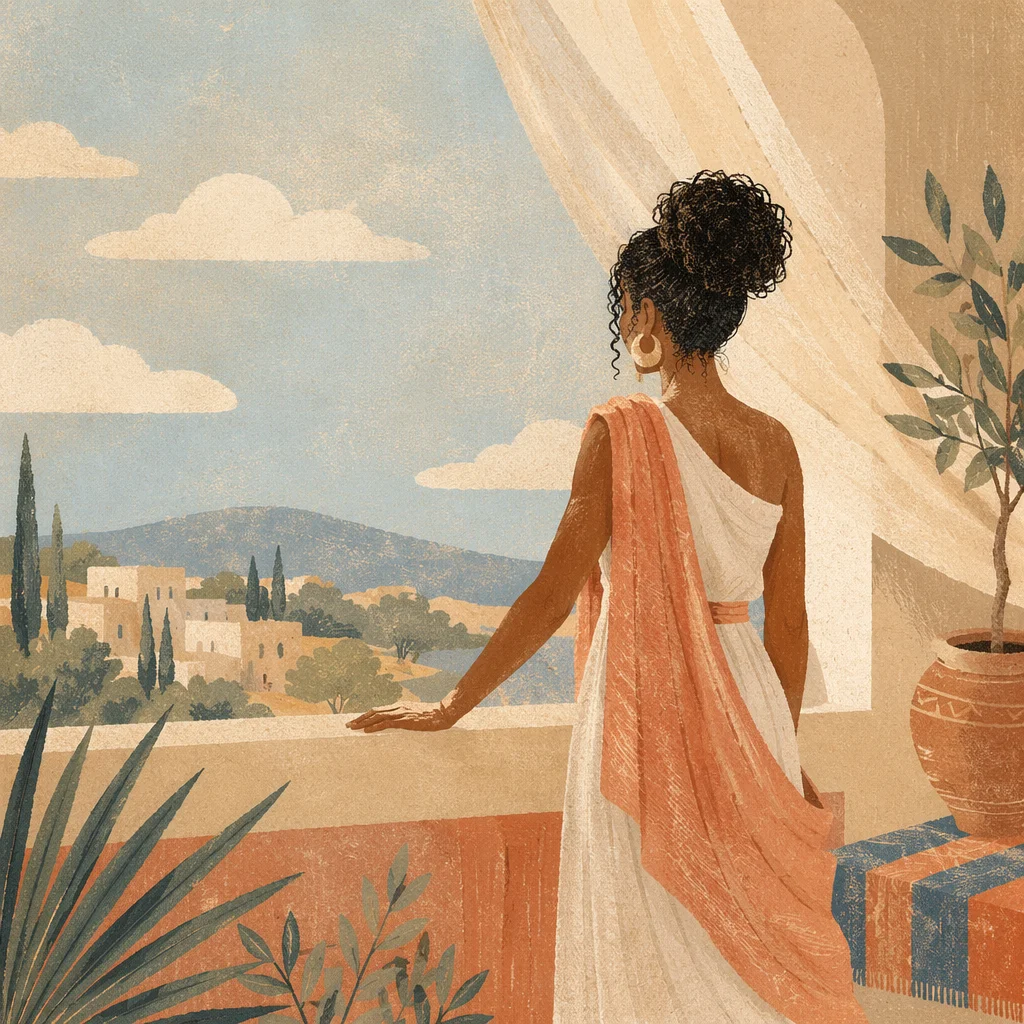 Confident Woman on Sunlit Balcony