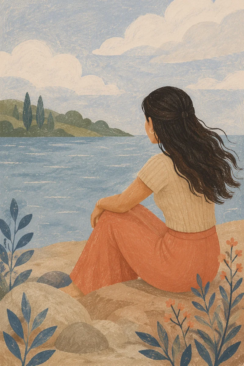 Confident Woman Reflecting by Quiet Lakeshore